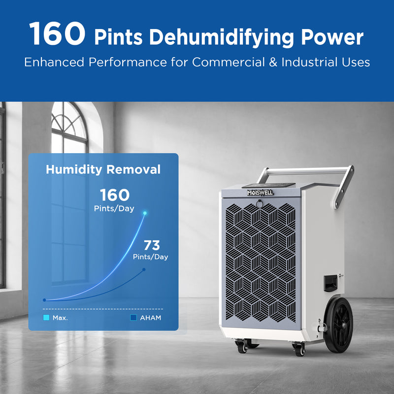 160 Pints Commercial Dehumidifier with Pump and Drain Hose for Basements | MOISWELL Pioneer-XI