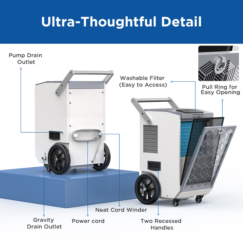 160 Pints Commercial Dehumidifier with Pump and Drain Hose for Basements | MOISWELL Pioneer-XI