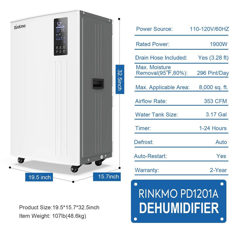 296 Pints Commercial Dehumidifier with Water Reservoir and Drain Hose |  RINKMO PD1201A